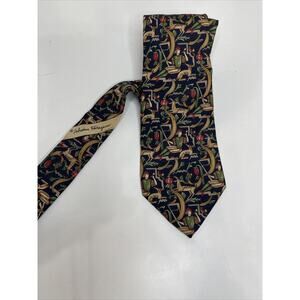 Salvatore Ferragamo Silk Tie Mens Blue Red Abstract Deer Hunter Print Pointed